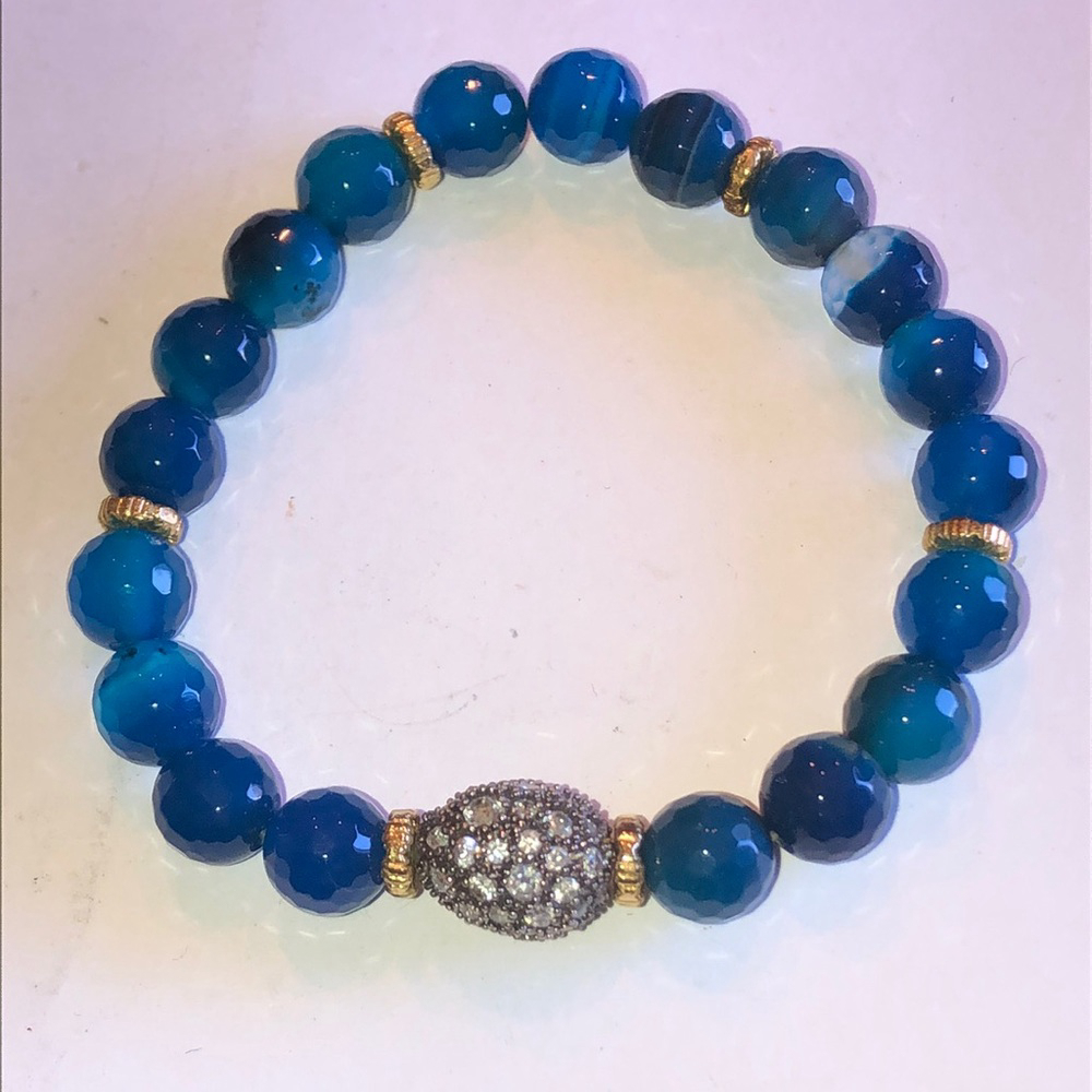 Blue Botswana Beaded CZ Rhinestones Boho Stretchy Bracelet - Picture 2 of 4